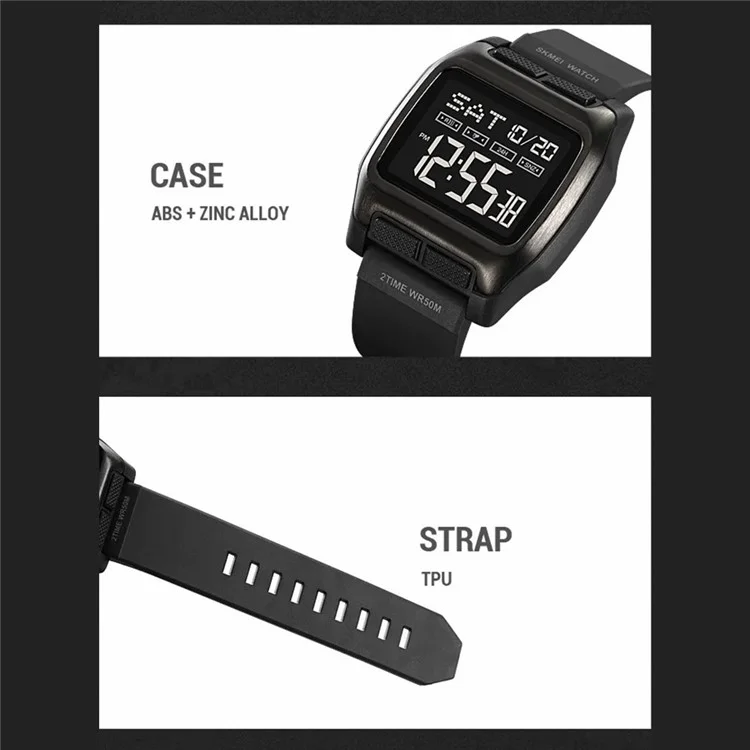 SKMEI 2193 Quadratische digitale Studentenuhr mit TPU-Armband, EL-Hintergrundbeleuchtung, elektronische Uhr - Army Green