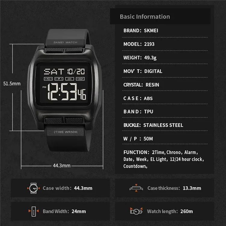 SKMEI 2193 Quadratische digitale Studentenuhr mit TPU-Armband, EL-Hintergrundbeleuchtung, elektronische Uhr - Army Green