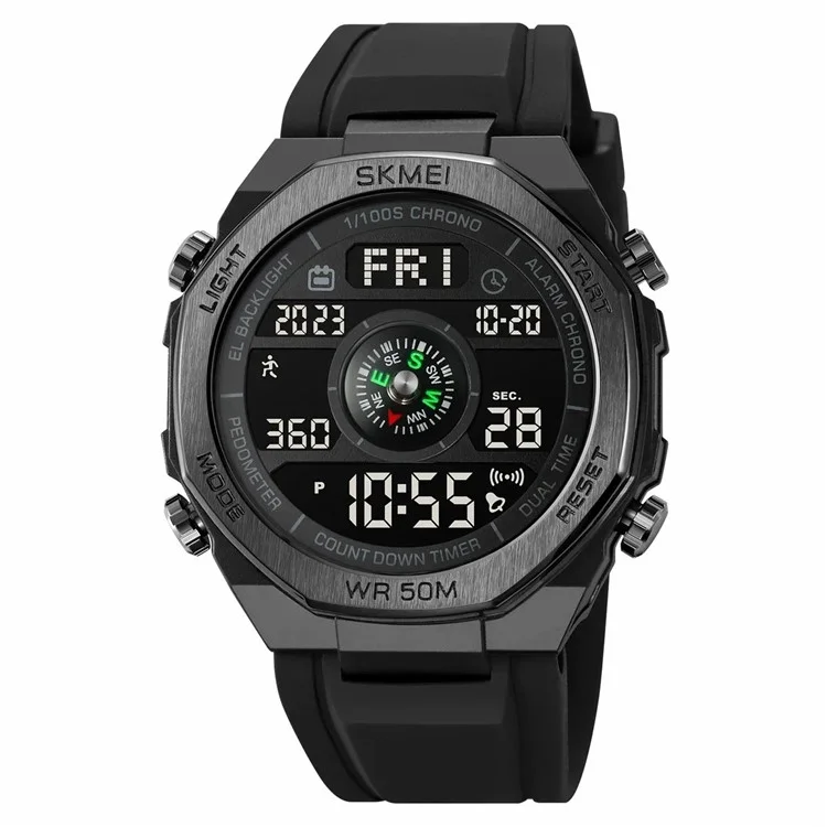 SKMEI 2209 Reloj deportivo de exterior, estudiante, impermeable, con podómetro y brújula, reloj electrónico - Negro / Esfera negra