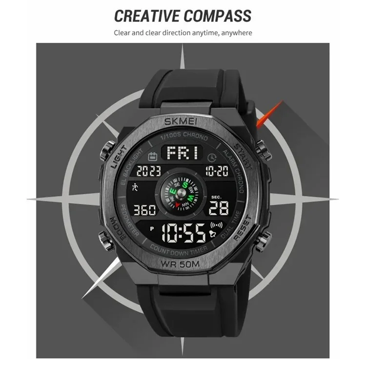 SKMEI 2209 Reloj deportivo de exterior, estudiante, impermeable, con podómetro y brújula, reloj electrónico - Negro / Esfera negra