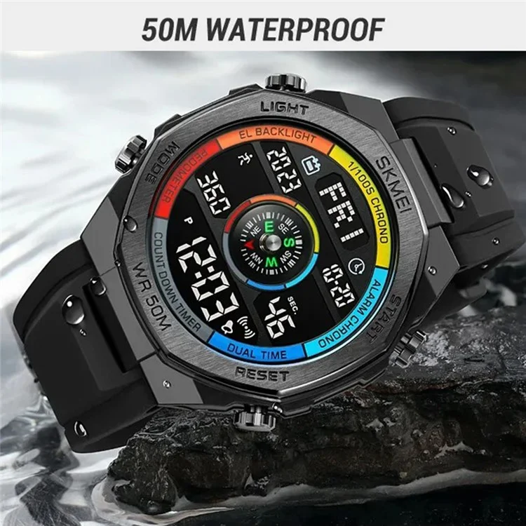SKMEI 2209 Reloj deportivo de exterior, estudiante, impermeable, con podómetro y brújula, reloj electrónico - Negro / Esfera negra