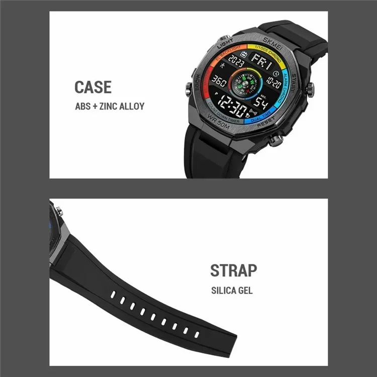 SKMEI 2209 Reloj deportivo de exterior, estudiante, impermeable, con podómetro y brújula, reloj electrónico - Negro / Esfera negra