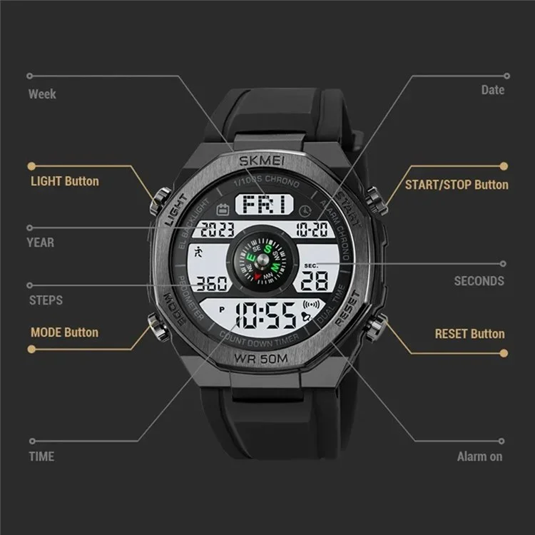 SKMEI 2209 Reloj deportivo de exterior, estudiante, impermeable, con podómetro y brújula, reloj electrónico - Negro / Esfera negra