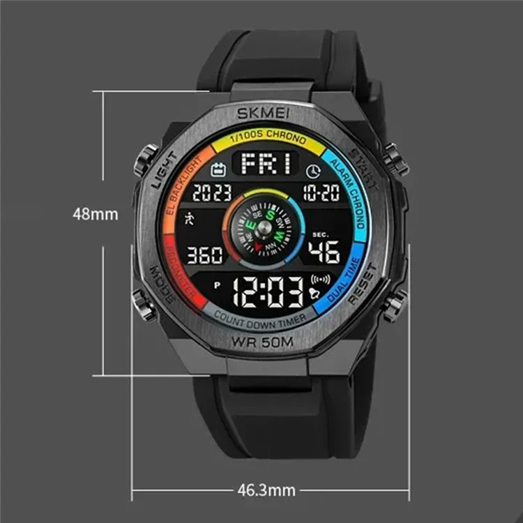 SKMEI 2209 Reloj deportivo de exterior, estudiante, impermeable, con podómetro y brújula, reloj electrónico - Negro / Esfera negra
