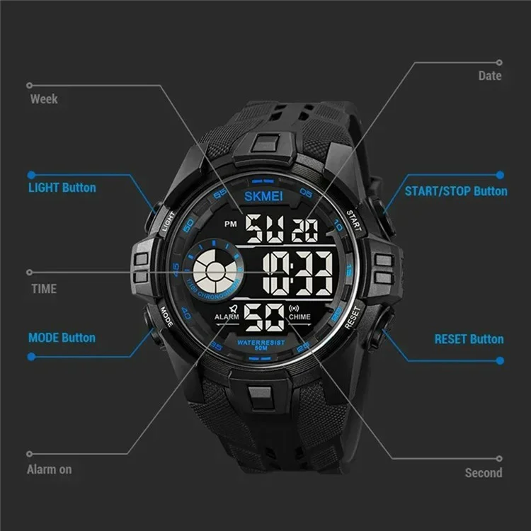 SKMEI 2123 50m Waterproof Outdoor Wrist Watch EL Backlight Electronic Watch with TPU Strap - Titanium