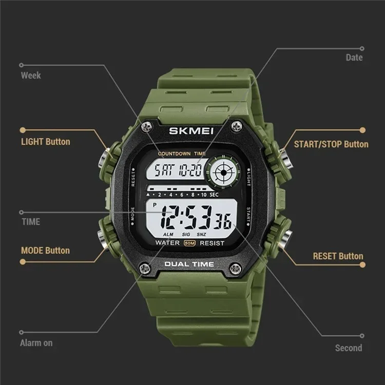 SKMEI 2126 Teenager Student Square Digital Watch Luminous Waterproof Sports Electronic Watch - Black / Black Dial