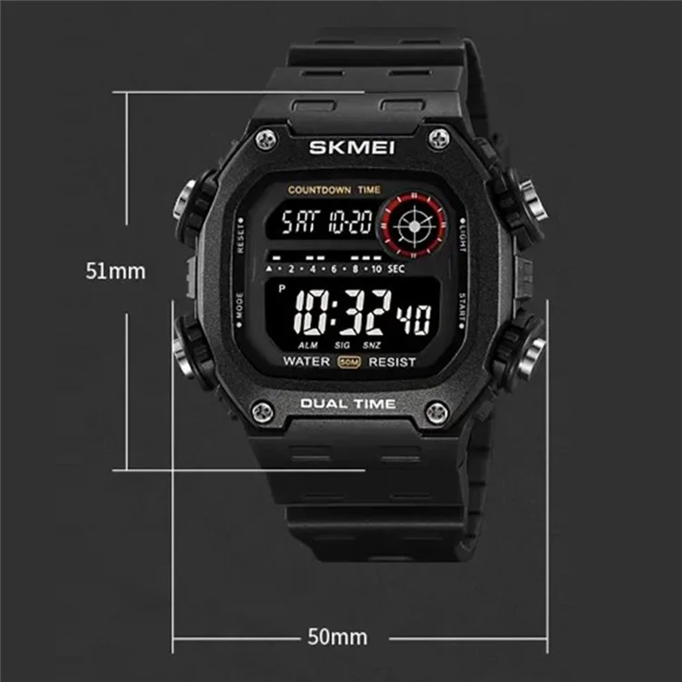 SKMEI 2126 Teenager Student Square Digital Watch Luminous Waterproof Sports Electronic Watch - Black / Black Dial