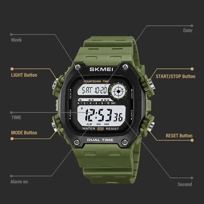 SKMEI 2126 Reloj digital cuadrado para adolescentes y estudiantes, con función luminosa y resistente al agua, reloj electrónico deportivo - Verde del ejército