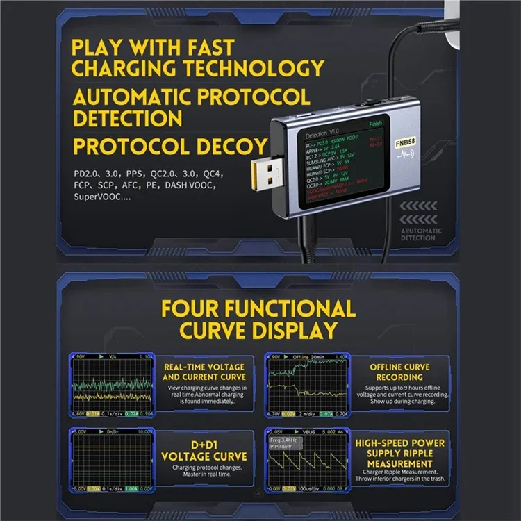 FNIRSI FNB58 USB Voltage Ammeter Type-C Multi-Function QC / PD Fast Charging Tester with Bluetooth-compatible