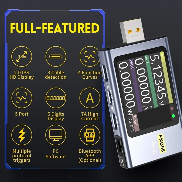 FNIRSI FNB58 USB Voltage Ammeter Type-C Multi-Function QC / PD Fast Charging Tester with Bluetooth-compatible