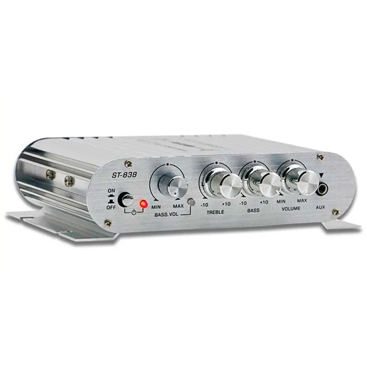 ST-838 15x12x3.5cm Audio Sound Power Amplifier Hifi Sound Stereo Receiver with 2A Power Adapter - US Plug  /  Silver