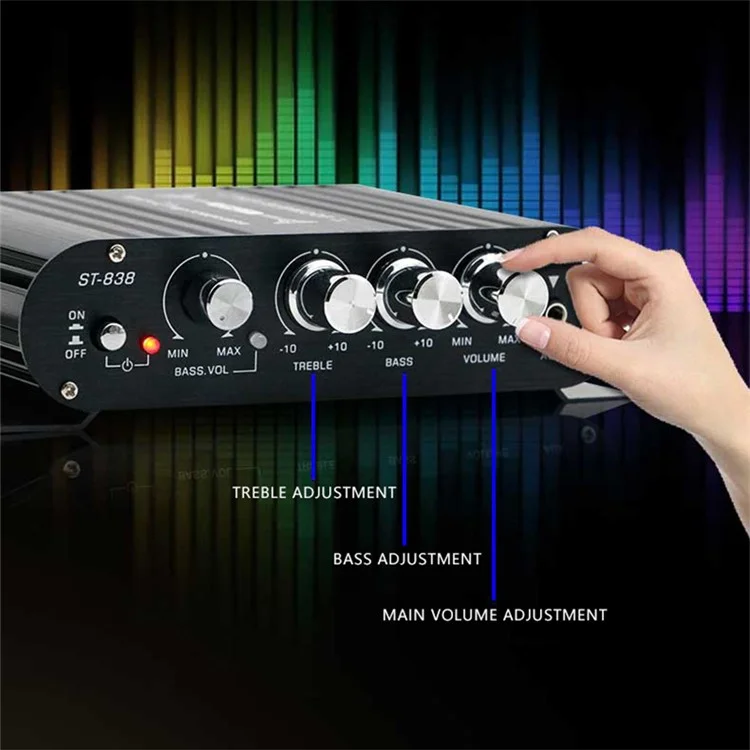 ST-838 15x12x3.5cm Audio Sound Power Amplifier Hifi Sound Stereo Receiver with 2A Power Adapter - US Plug  /  Silver