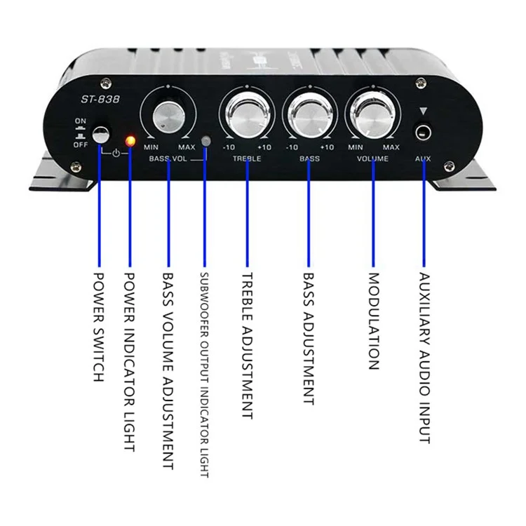 ST-838 15x12x3.5cm Audio Sound Power Amplifier Hifi Sound Stereo Receiver with 2A Power Adapter - US Plug  /  Silver