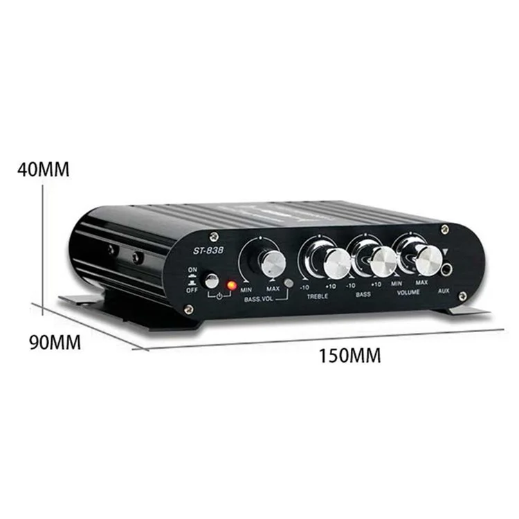 ST-838 15x12x3.5cm Audio Sound Power Amplifier Hifi Sound Stereo Receiver with 2A Power Adapter - US Plug  /  Silver