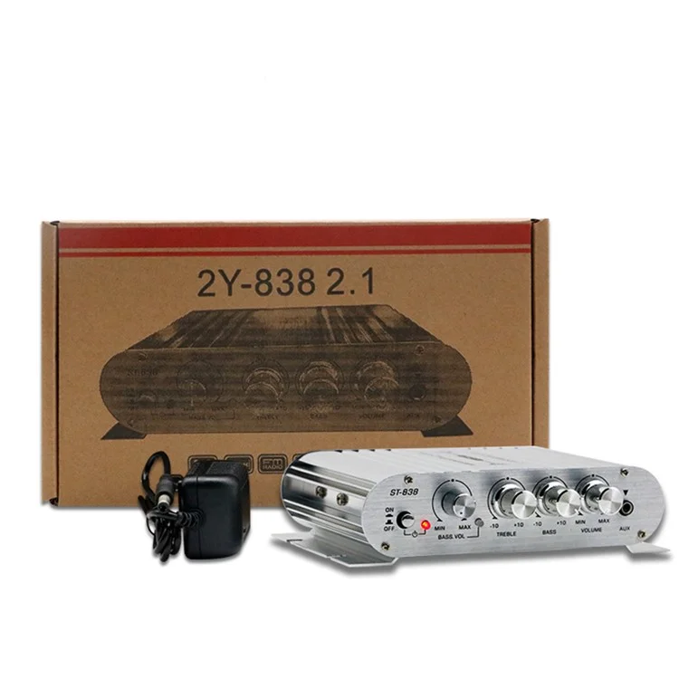 ST-838 15x12x3.5cm Audio Sound Power Amplifier Hifi Sound Stereo Receiver with 2A Power Adapter - US Plug  /  Silver