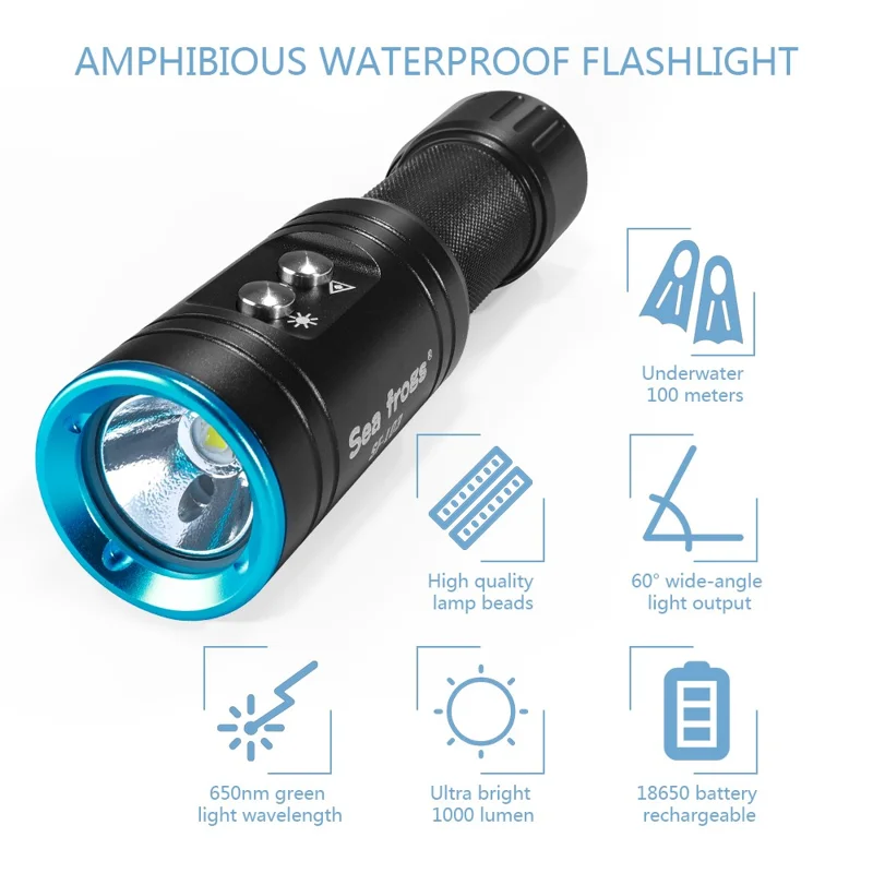 SEA FROGS SF-L03 100m Lampe de Poche de Plongée Imperméable à Haute Luminosité de la Lampe de Poche Extérieure Avec Faisceau de Lumière Verte