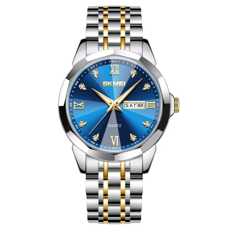 SKMEI 7070 Wochentag Datums-Display Edelstahlband Quarz-Armbanduhr für Herren / Damen - Gold Splicing+Blau / Herren