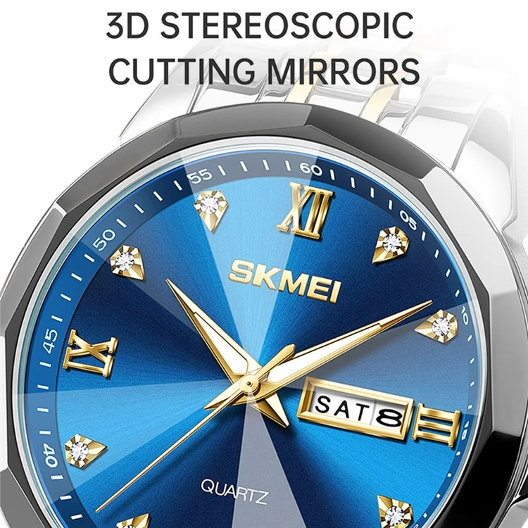 SKMEI 7070 Wochentag Datums-Display Edelstahlband Quarz-Armbanduhr für Herren / Damen - Gold Splicing+Blau / Herren