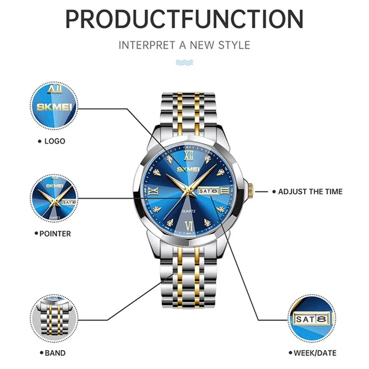 SKMEI 7070 Wochentag Datums-Display Edelstahlband Quarz-Armbanduhr für Herren / Damen - Gold Splicing+Blau / Herren