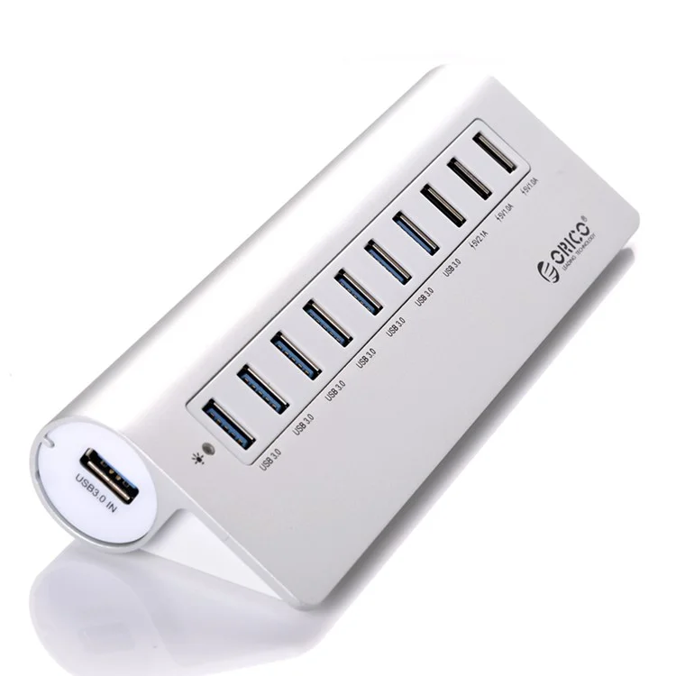 ORICO Aluminum Alloy USB3.0 7-Port + 3-Charging-Port USB HUB with Cable (M3H73P) - Silver Color / US Plug