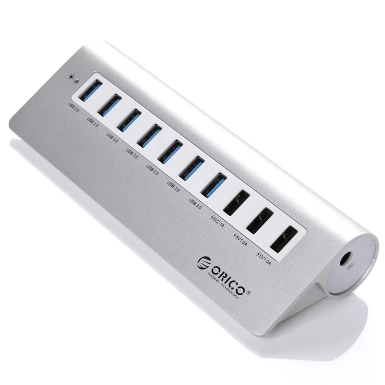 ORICO Aluminum Alloy USB3.0 7-Port + 3-Charging-Port USB HUB with Cable (M3H73P) - Silver Color / US Plug