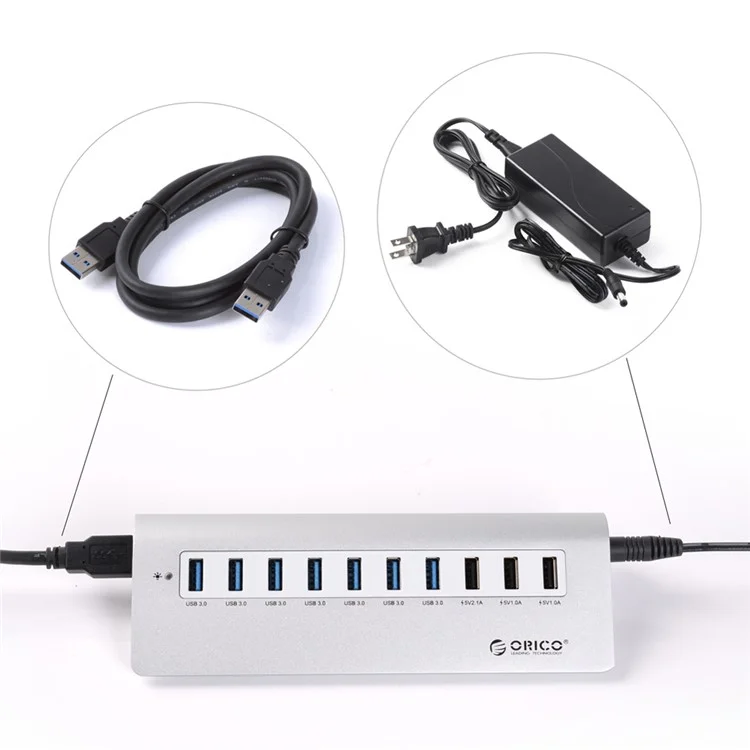 ORICO Aluminum Alloy USB3.0 7-Port + 3-Charging-Port USB HUB with Cable (M3H73P) - Silver Color / US Plug