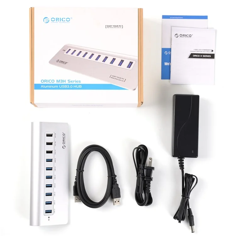 ORICO Aluminum Alloy USB3.0 7-Port + 3-Charging-Port USB HUB with Cable (M3H73P) - Silver Color / US Plug