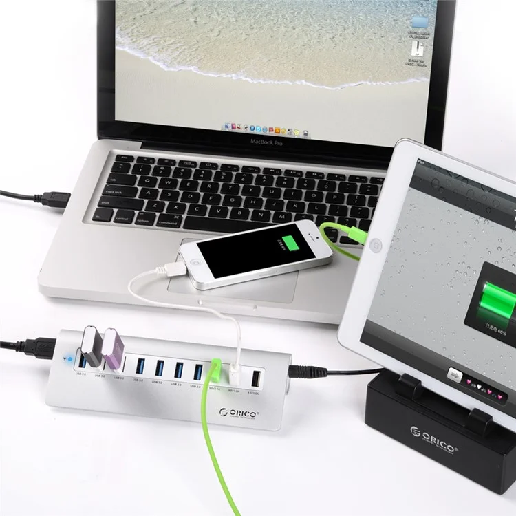 ORICO Aluminum Alloy USB3.0 7-Port + 3-Charging-Port USB HUB with Cable (M3H73P) - Silver Color / US Plug