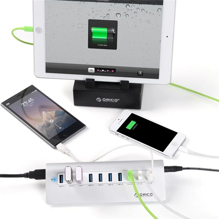 ORICO Aluminum Alloy USB3.0 7-Port + 3-Charging-Port USB HUB with Cable (M3H73P) - Silver Color / US Plug