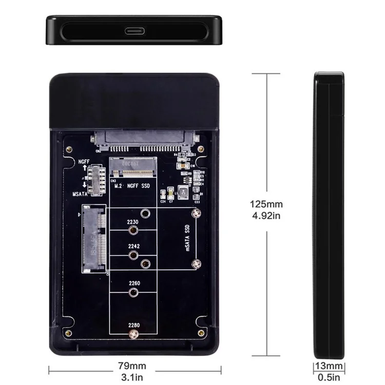 Combo M.2 NGFF B-key & mSATA SSD to USB Type-C Converter Case Enclosure with Switch