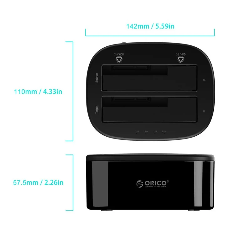 ORICO Station d'accueil pour disque dur USB 3.0 SATA Boîtier à double baie avec fonction de clonage hors ligne pour SDD HDD 2.5"/3.5" (6228US3-C) - Fiche US