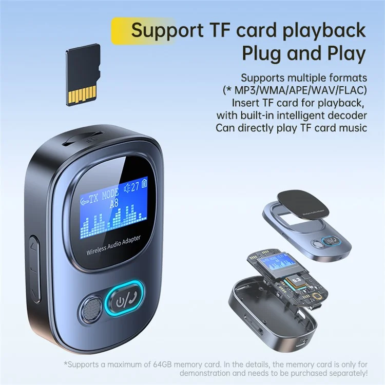Transmissor / Receptor de Áudio Multifuncional Bluetooth 5.3 com Tela Digital LED T68 (CE)