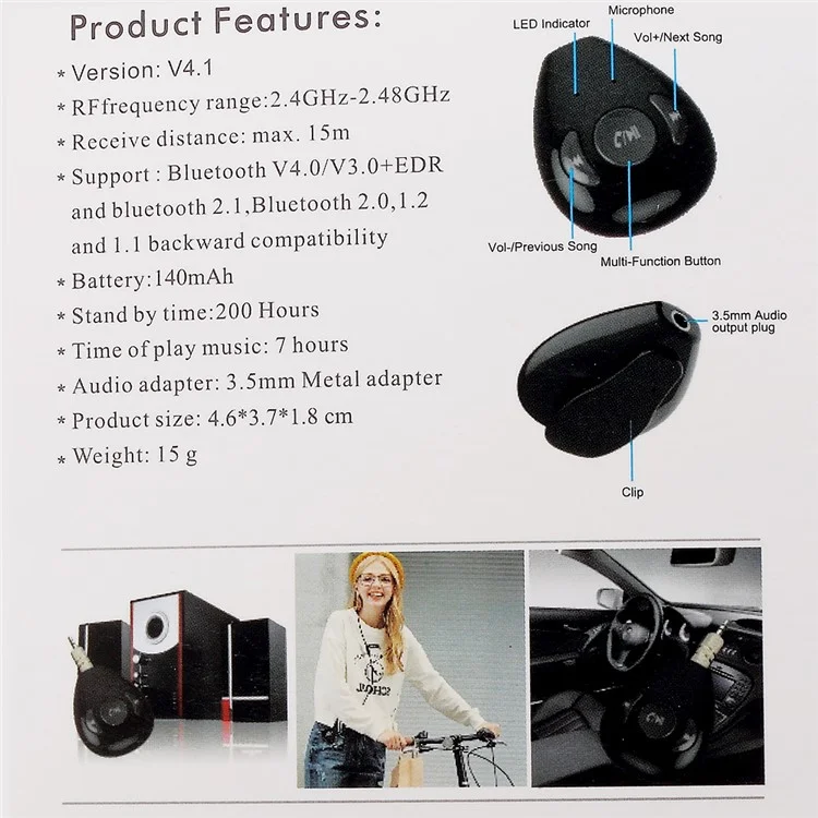 EK202 Mini Bluetooth Car Audio Receiver 3.5mm Music Sound System with Mic