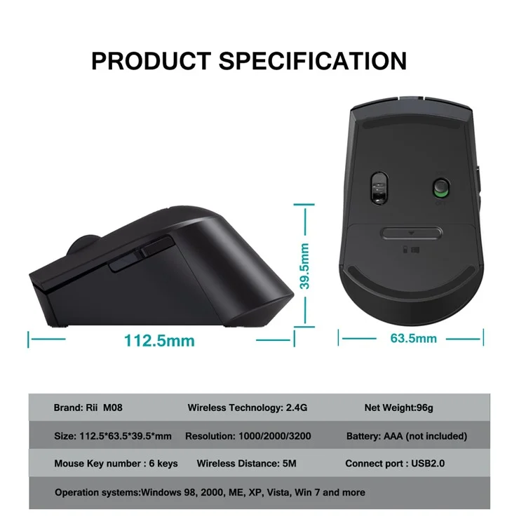 Rii M08 2.4GHz Ergonomic Wireless 6-key Mouse with 3 Adjustable DPI Levels - Black
