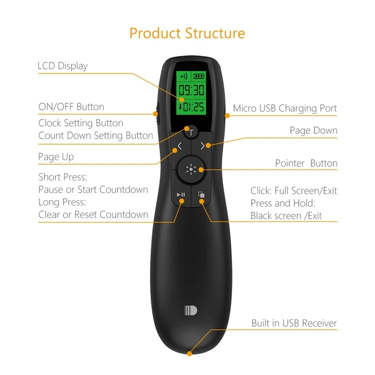 VINSIC DSIT023 Rechargeable LCD Display 2.4GHz Wireless Presenter Powerpoint Remote Control