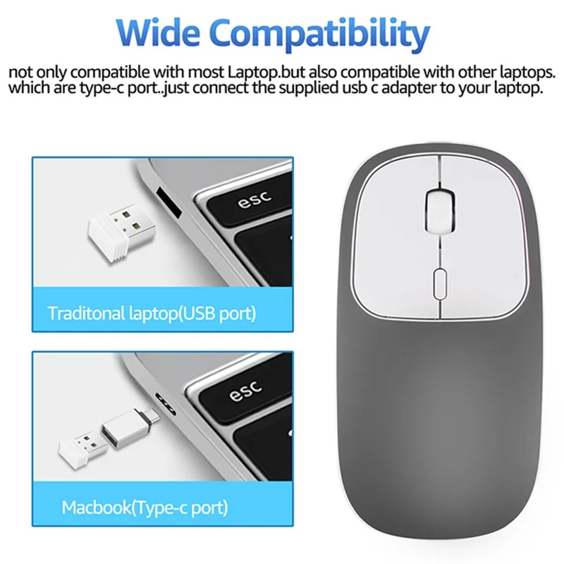 2.4G Wireless Computer Laptop Mouse Rechargeable Aluminium Alloy Mice with Type-C Adapter - Grey