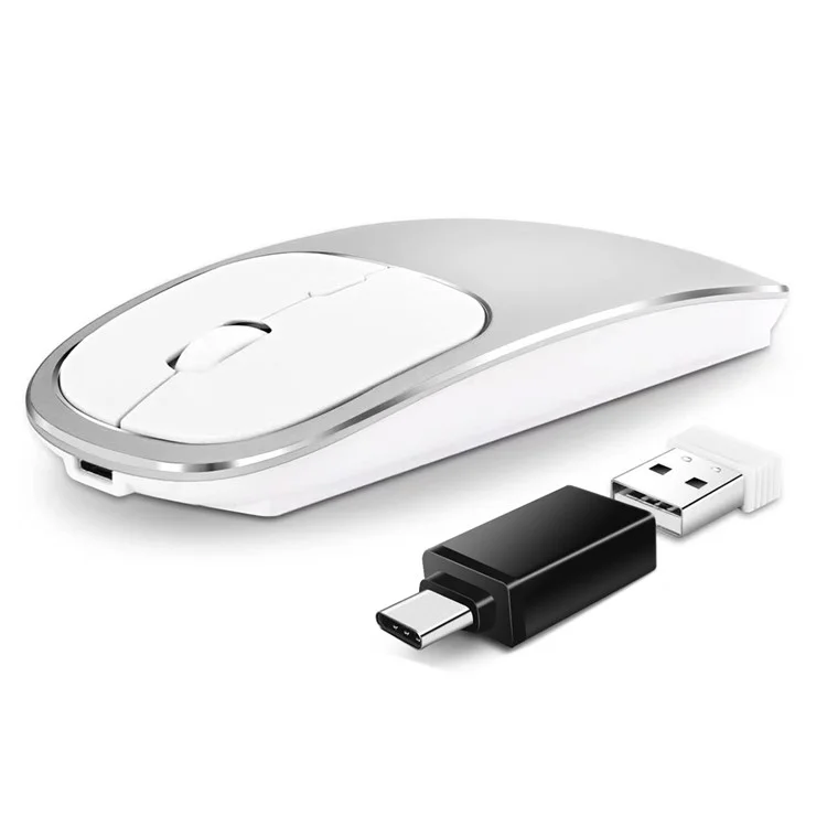 Mouse sem fio de computador/laptop 2.4G recarregável de liga de alumínio com adaptador Tipo-C - Prata