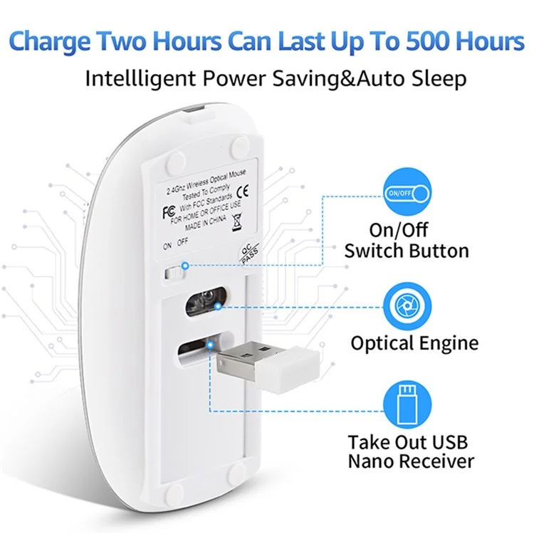 2.4G Беспроводная Оптическая Мыши Перезаряжаемая Алюминиевая Сплава Мышей С Адаптером Типа C Для Настольного Компьютерного Офиса Ноутбук - Серебряный