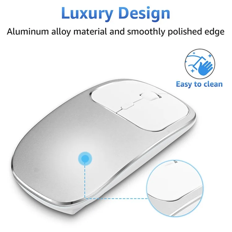 Mouse sem fio de computador/laptop 2.4G recarregável de liga de alumínio com adaptador Tipo-C - Prata
