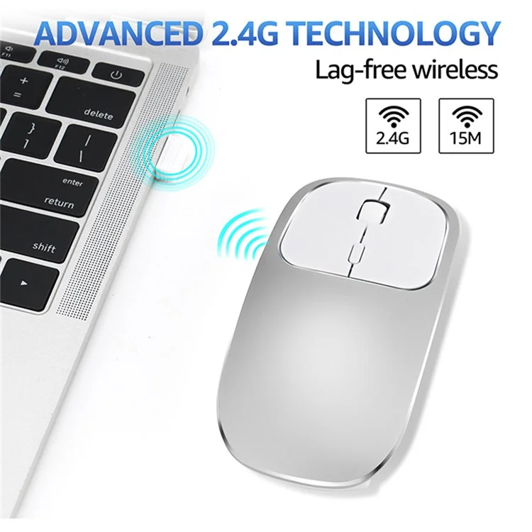 Mouse sem fio de computador/laptop 2.4G recarregável de liga de alumínio com adaptador Tipo-C - Prata