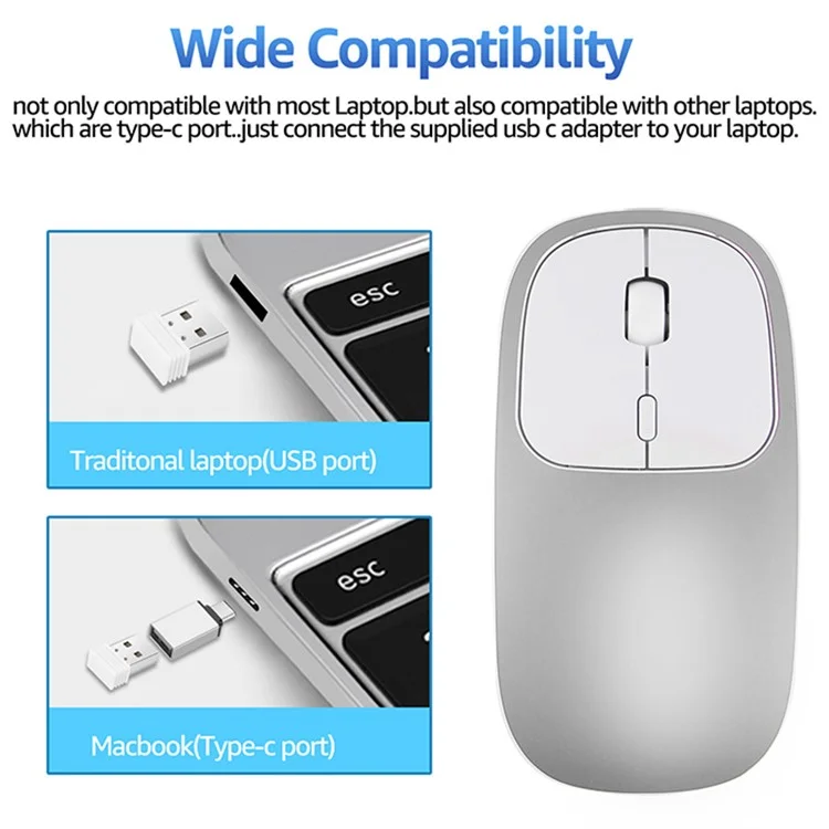 Mouse sem fio de computador/laptop 2.4G recarregável de liga de alumínio com adaptador Tipo-C - Prata