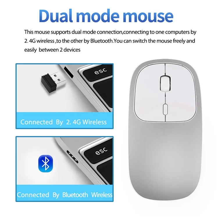 Aluminum Alloy Rechargeable 2.4G Wireless Mouse Bluetooth Mute Mice Dual Mode - Silver