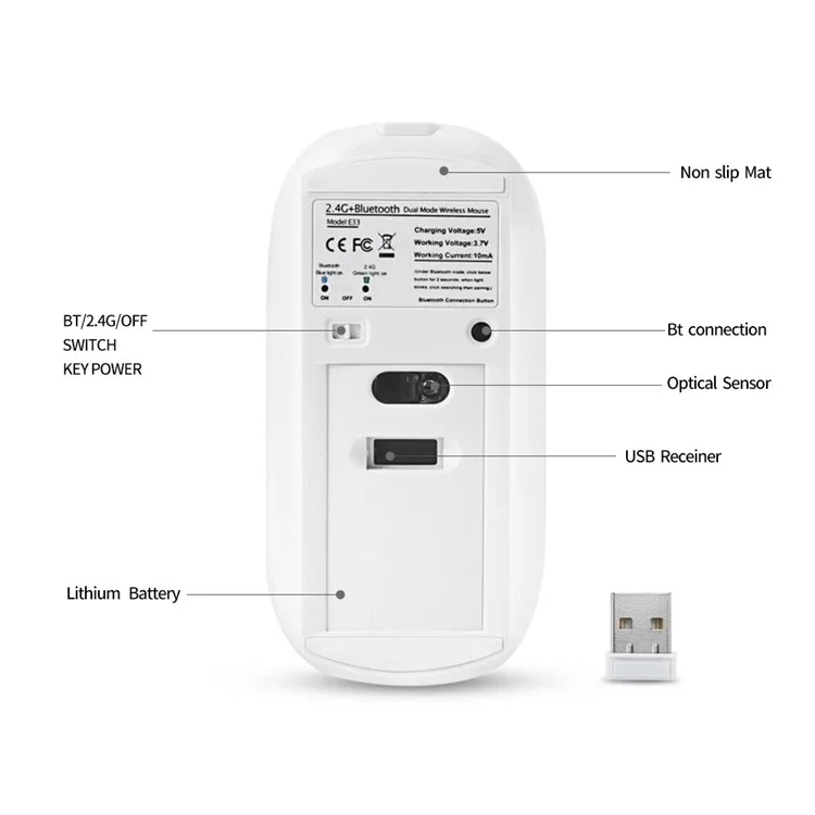 Mouse inalámbrico recargable de aleación de aluminio Bluetooth 2.4G mudo - Plata