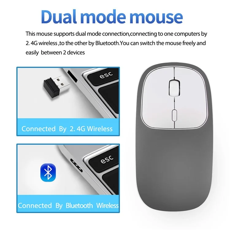 Liga De Alumínio Recarregável 2.4G Mouse Sem Fio Bluetooth Mudo Mouth Moeda Dupla - Cinza