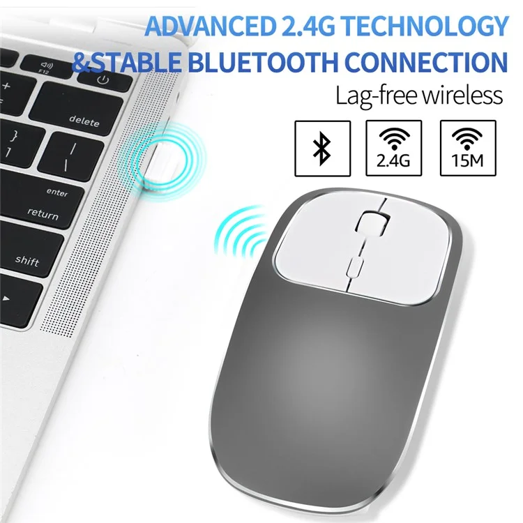 Aluminum Alloy Rechargeable 2.4G Wireless Mouse Bluetooth Mute Mice Dual Mode - Grey