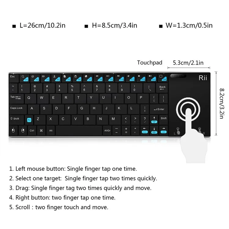 RII K12+ 2.4GHz Mini Wireless Keyboard with Built-in Large Size Mouse Touchpad (CE/FCC) - Black