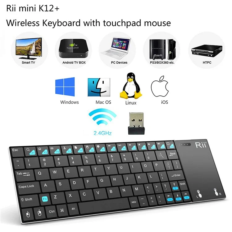 RII K12+ 2.4GHz Mini Wireless Keyboard with Built-in Large Size Mouse Touchpad (CE/FCC) - Black