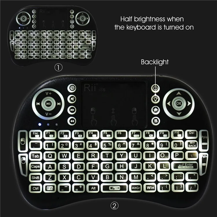 RII i8s 2.4Ghz RF Mini Wireless Keyboard with LED Backlit Touchpad - Black