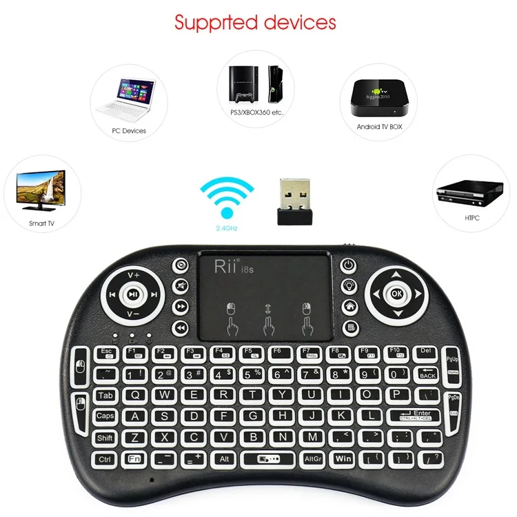 RII i8s 2.4Ghz RF Mini Wireless Keyboard with LED Backlit Touchpad - Black