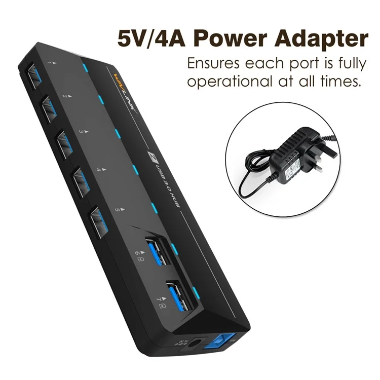 WAVLINK WS-UH3073D Portable 7 USB 3.0 Ports Hub with 5V/4A Power Adapter - UK Plug
